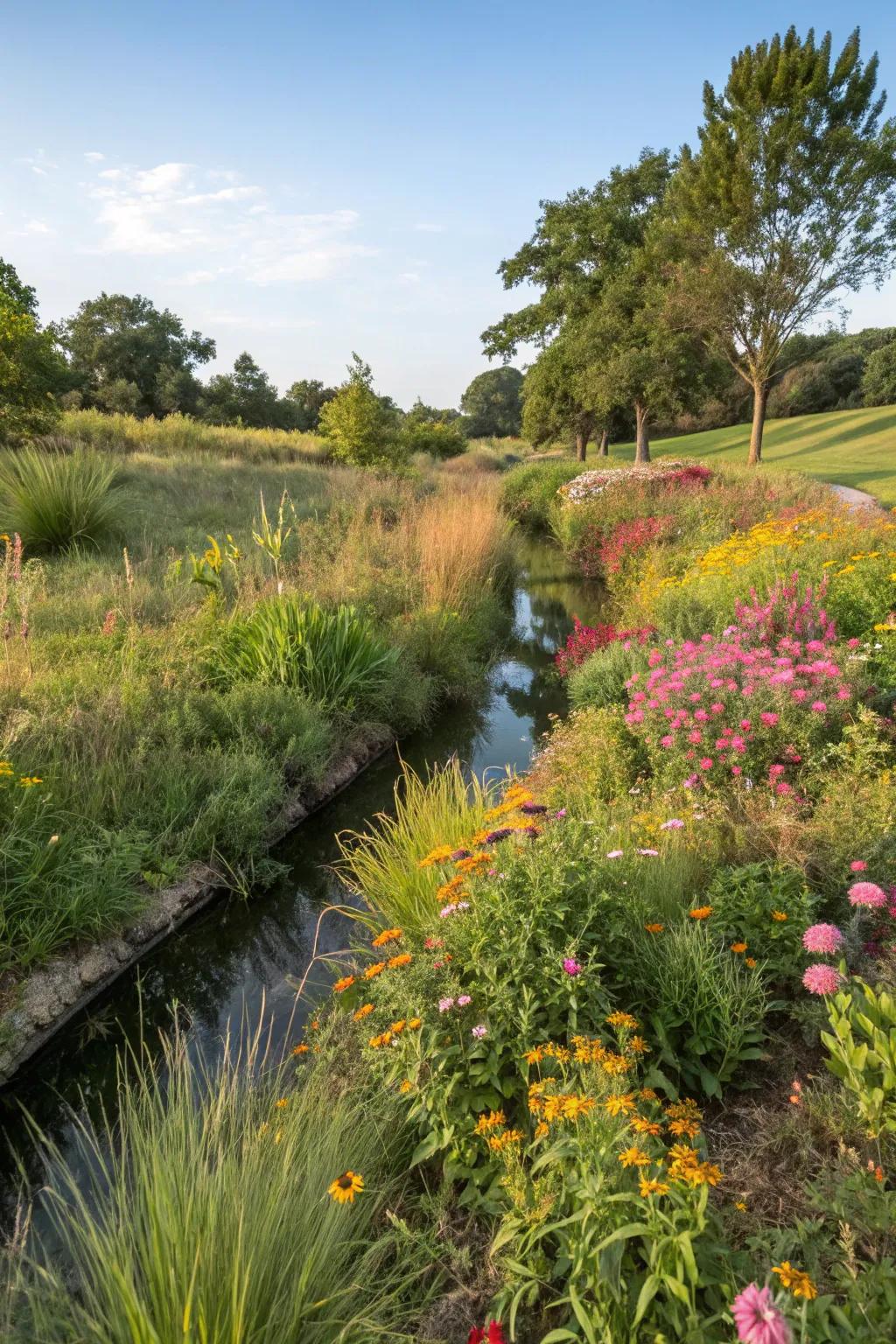 Abundant vegetation breathes life and resilience into this drainage swale.