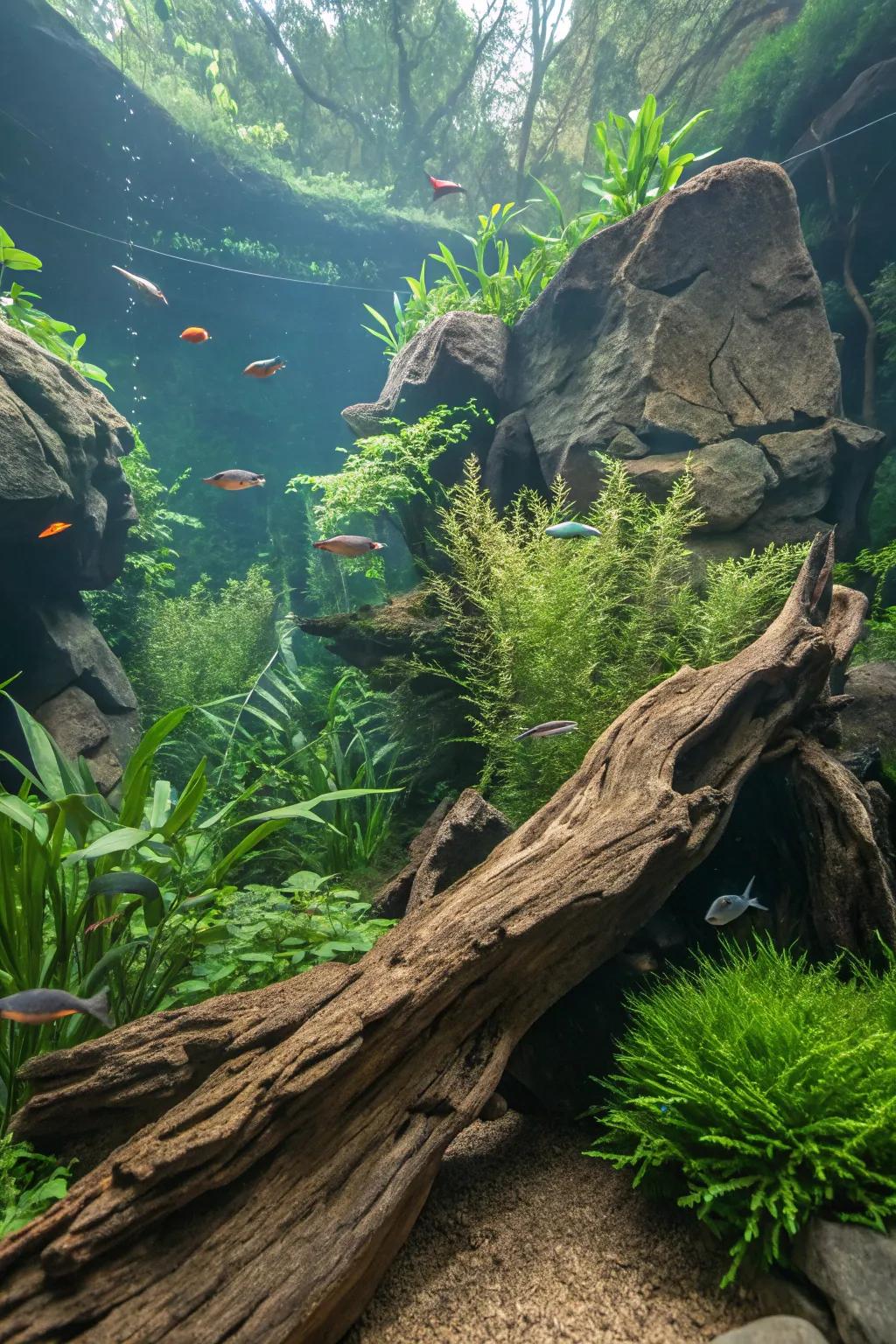 A luxuriant submarine rainforest fashioned with bogwood and exuberant vegetation.