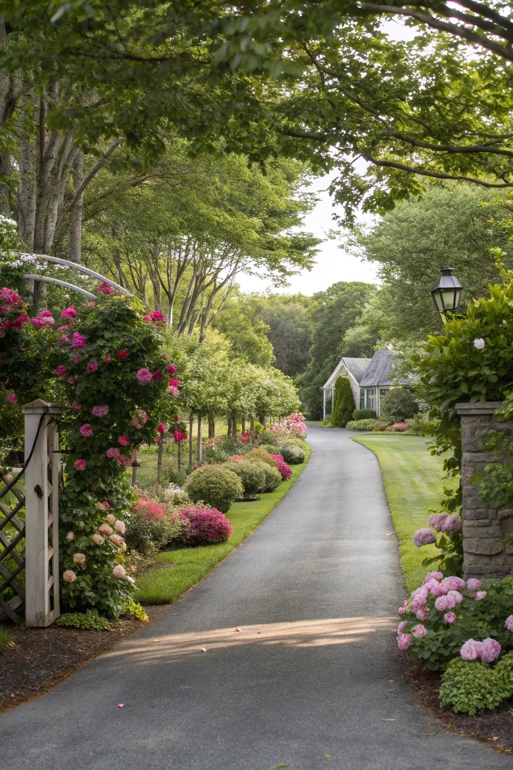 Abundant greenery borders a driveway, resulting in a revitalizing and appealing entrance.