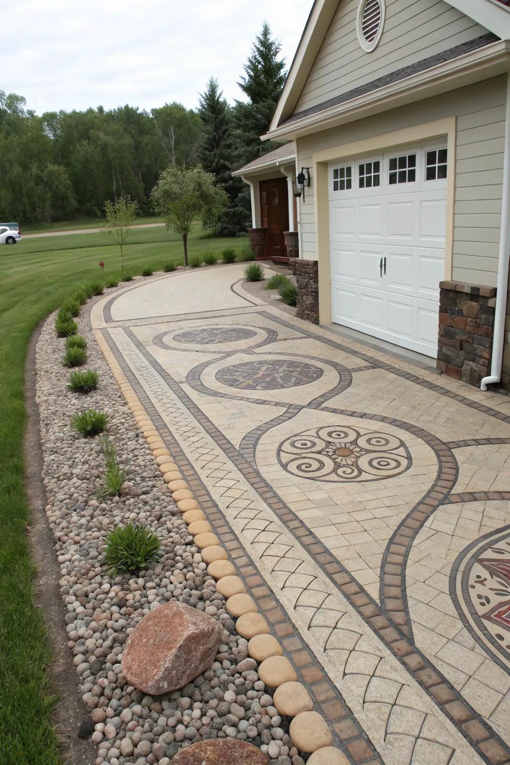 Artistic flagstone pathway bringing charm to the driveway.