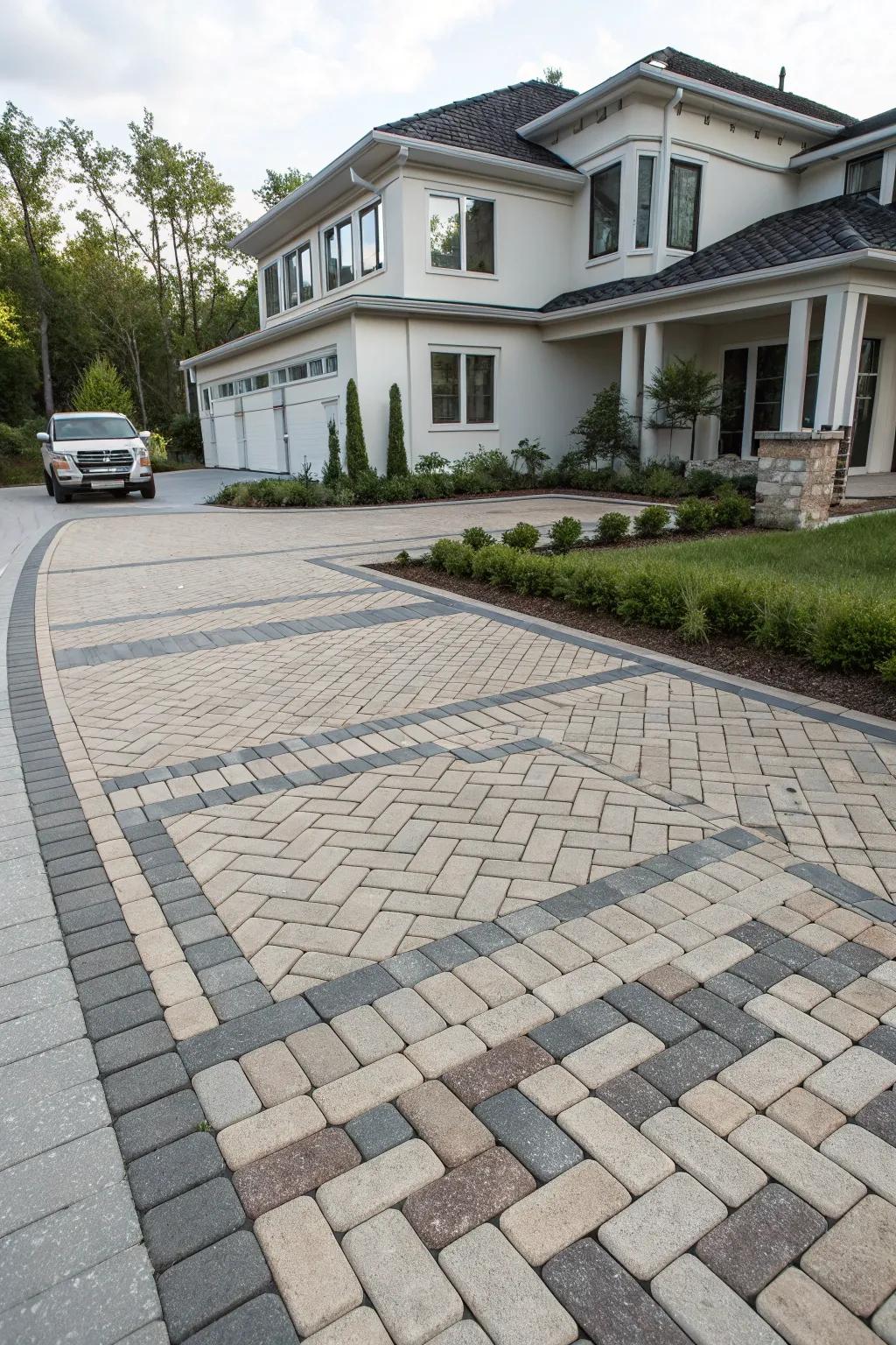 A basketweave design introduces a contemporary flair to driveway aesthetics.