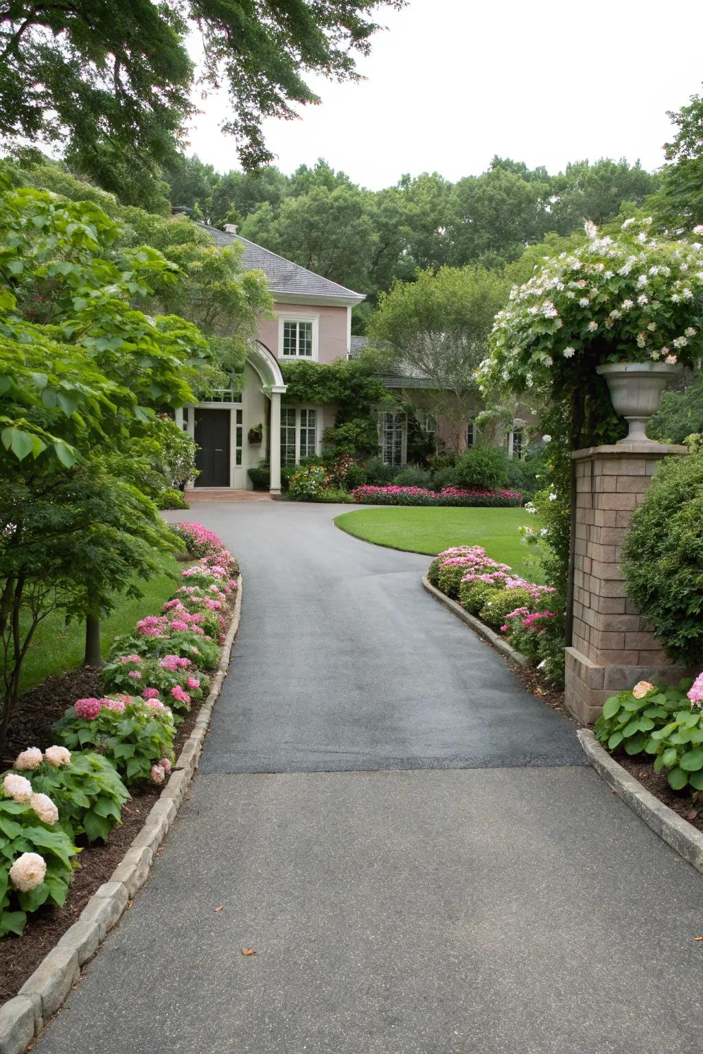 Driveway lined with vibrant greenery and floral displays.