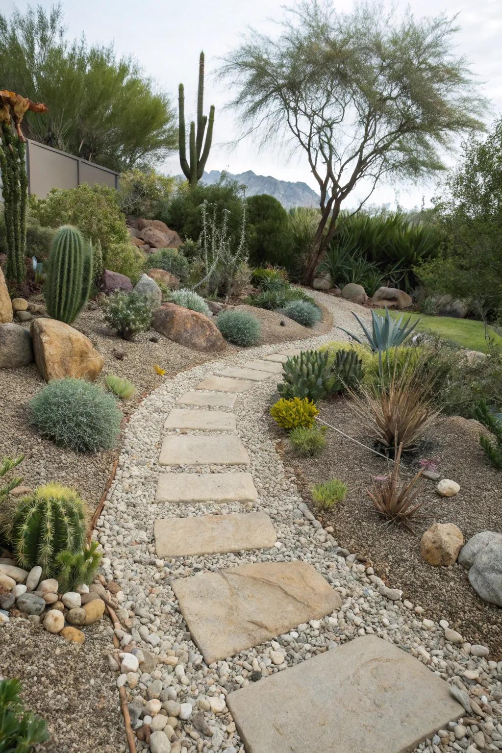Stone and pebble pathways combine style and usefulness in dry landscapes.