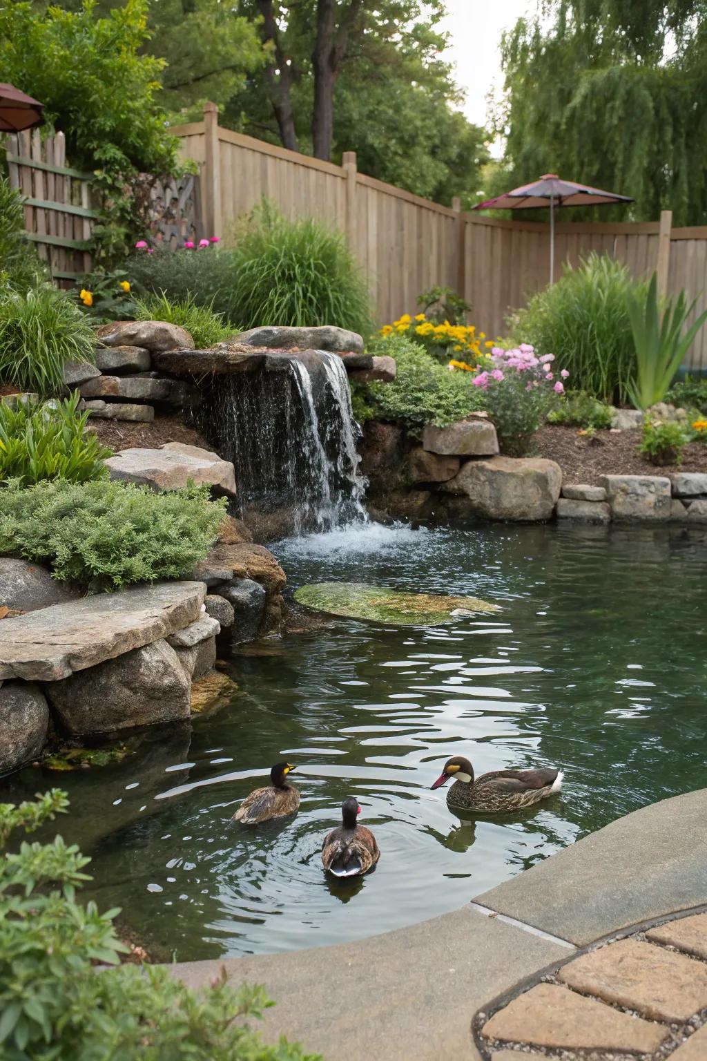A playful waterfall injects vitality and motion into a duck pond.