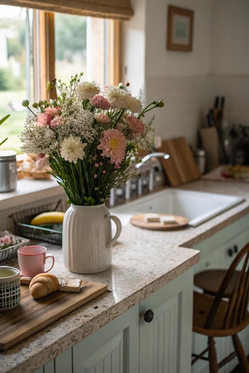 An exquisite pastel blossom arrangement brightens the kitchen.