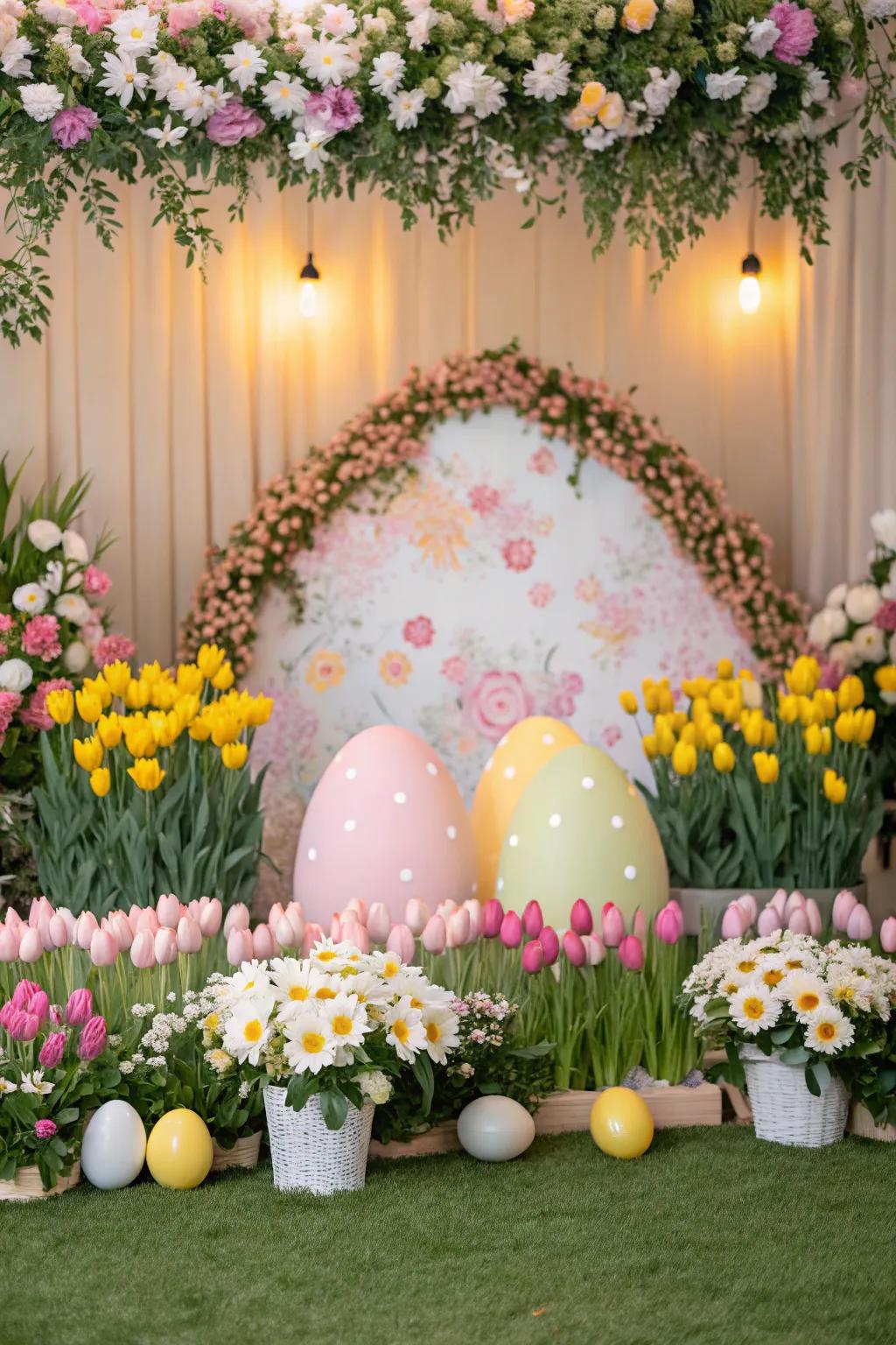 A vibrant floral backdrop featuring tulips and daisies adds a touch of spring to Easter photos.