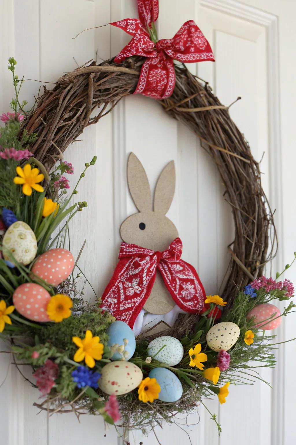 Celebrate the warmth of Easter with a uniquely styled, bohemian-inspired bandana bunny wreath!