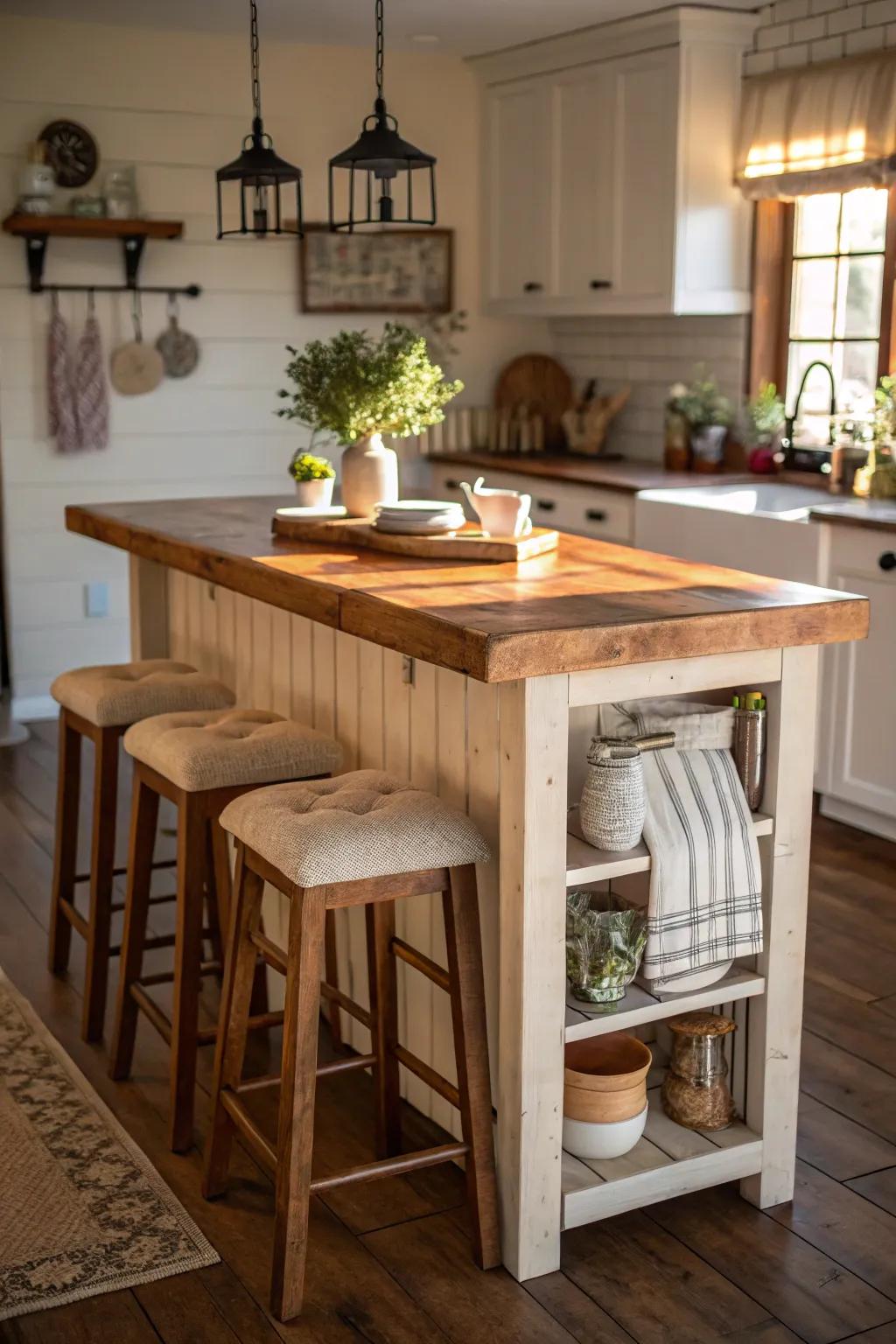 A country-style island featuring a functional solid wood top.