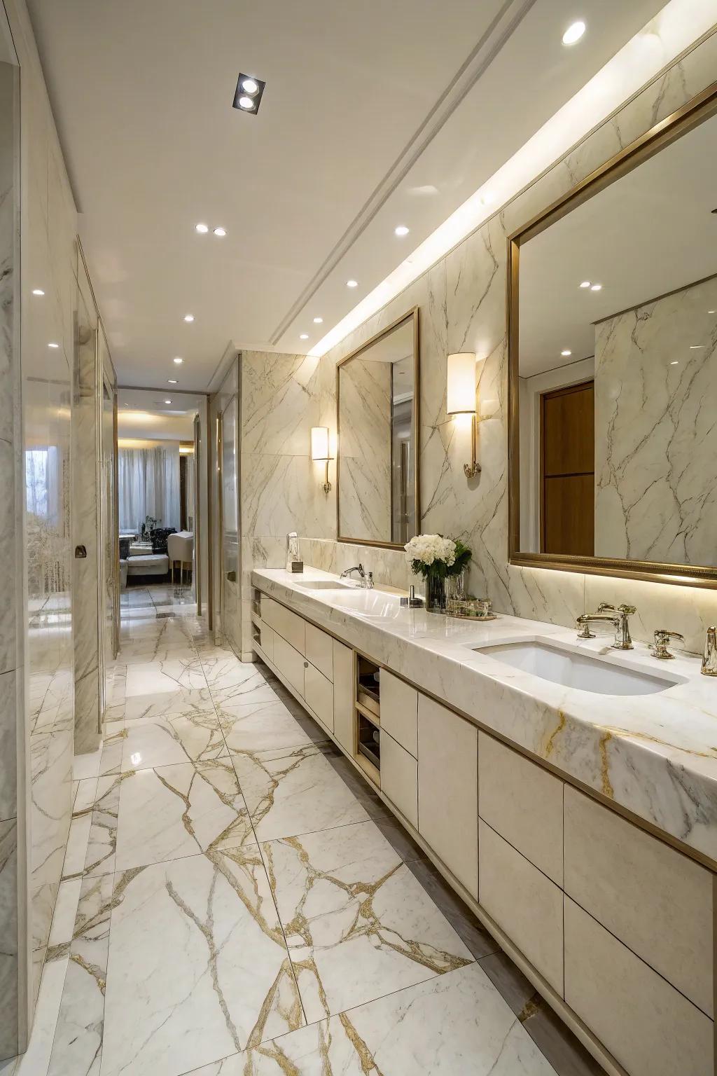 Polished stone coverings add timeless grace to this sophisticated bathroom.