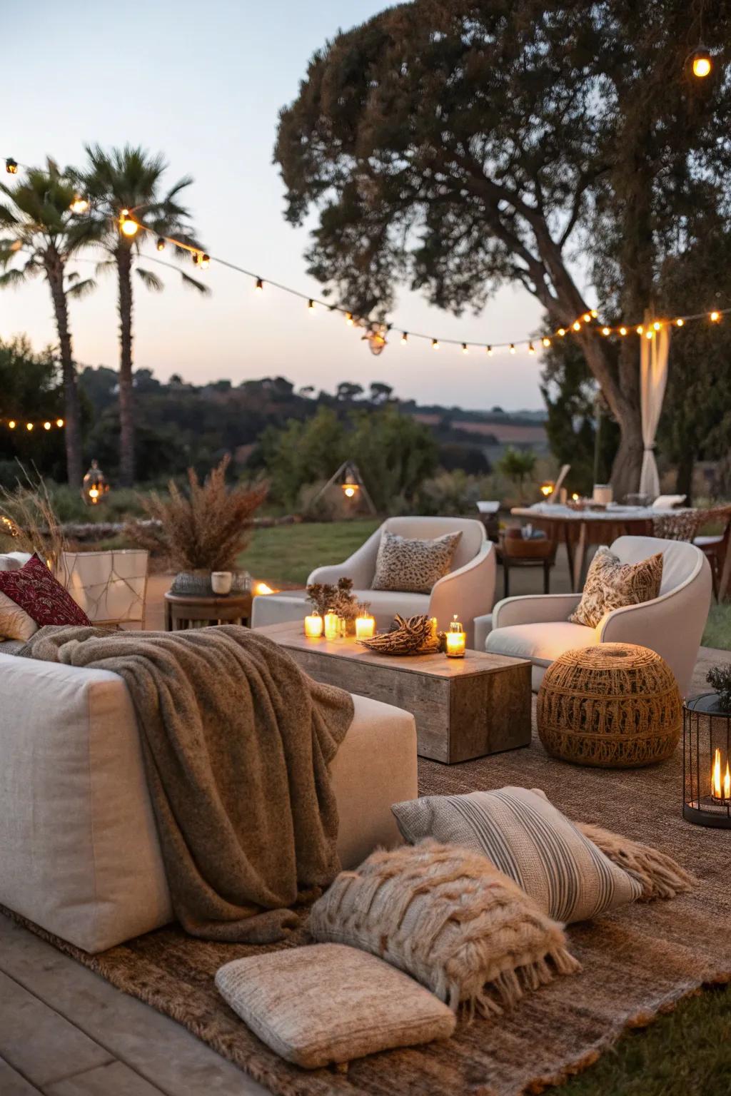 A stylish outdoor lounge offering comfort with soft seating and ambient lighting.