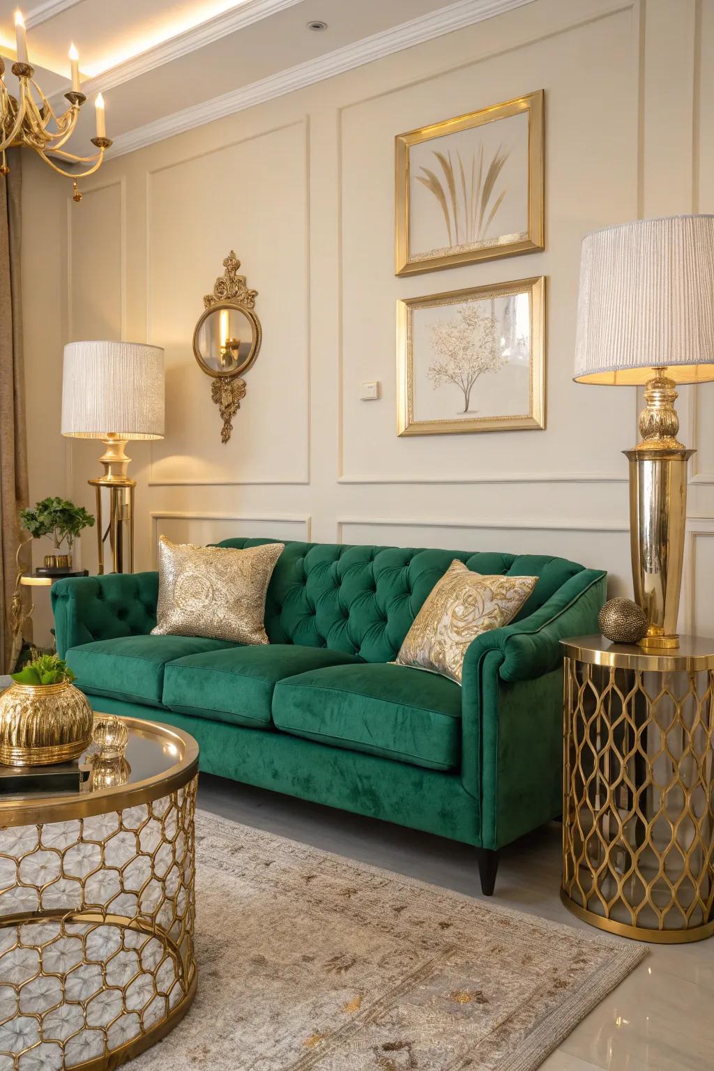 Gold details introduce a lavish impression to an emerald green sofa.