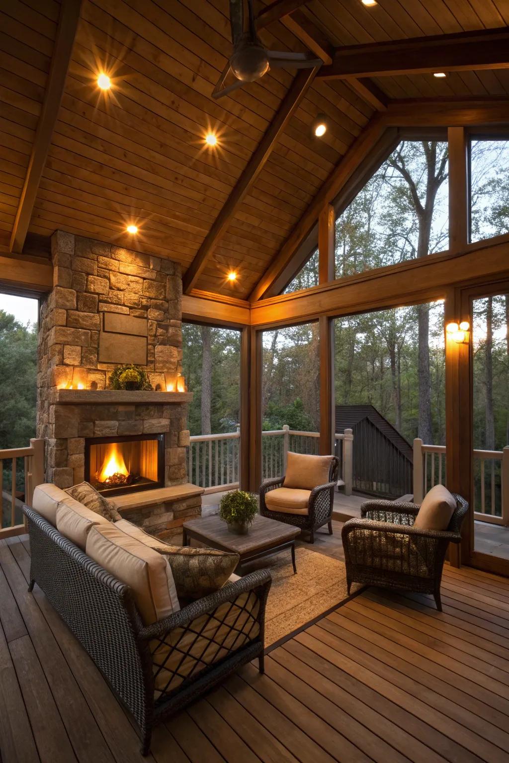 A welcoming fireplace corner on a covered deck.