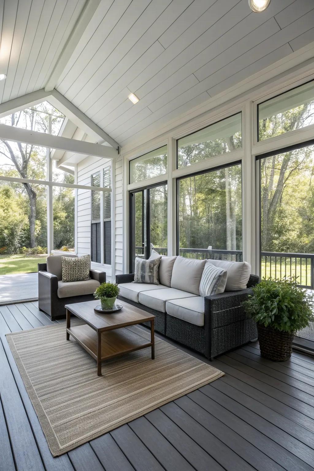 A modern enclosed porch featuring elegant artificial wood siding.