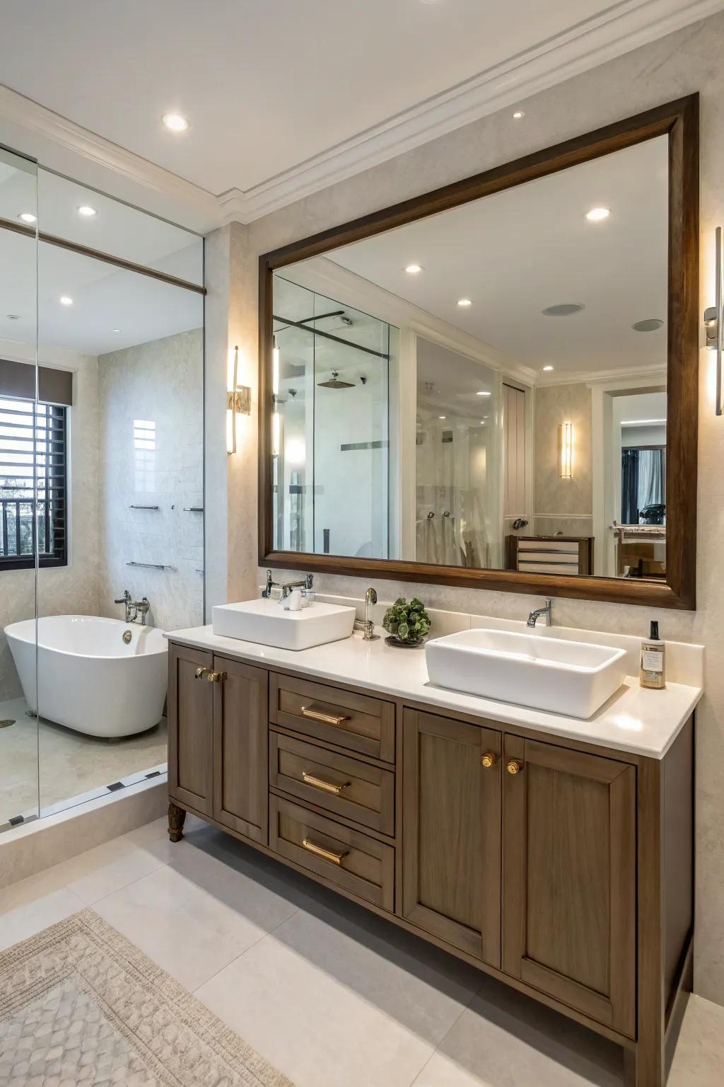 Dual vanities enhance functionality and impart a touch of luxury.