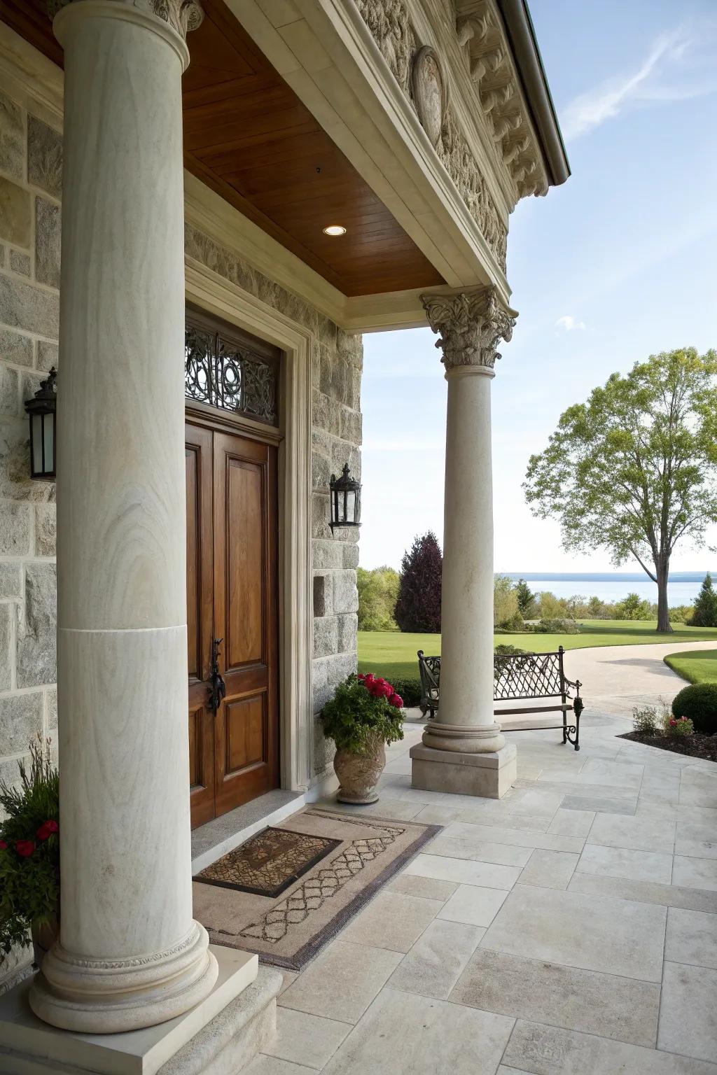 Regal rock pillars that impart refinement and stability to a stunning front porch.