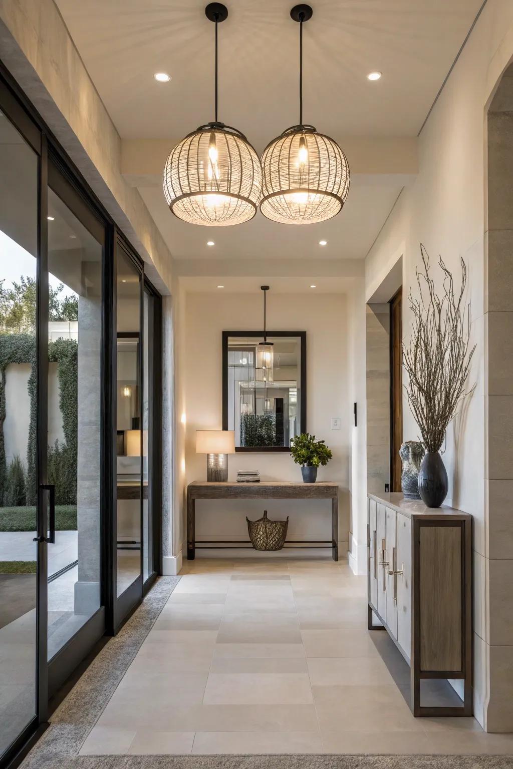 Elegant pendant lights contribute a modern appeal to this stylish entryway.
