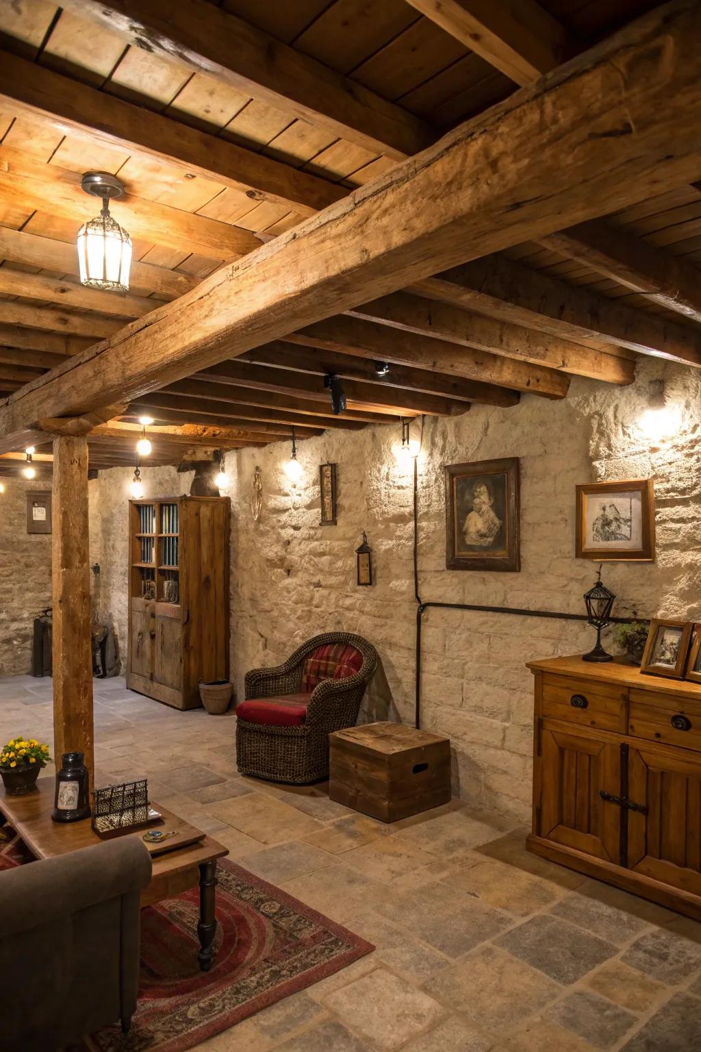 Wood support beams create a cozy, welcoming vibe.