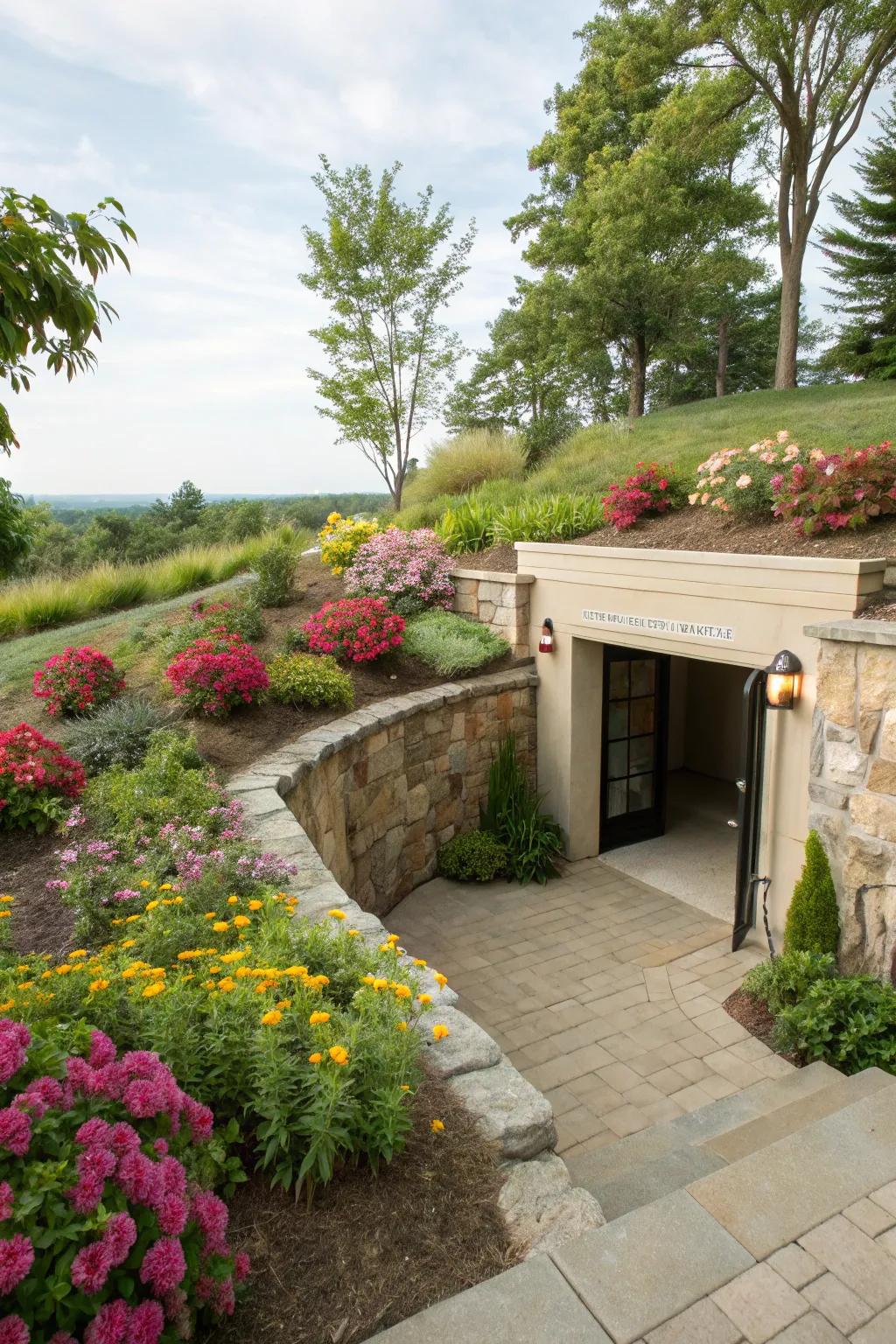 Lush landscaping creates a welcoming ambiance for your basement entrance.