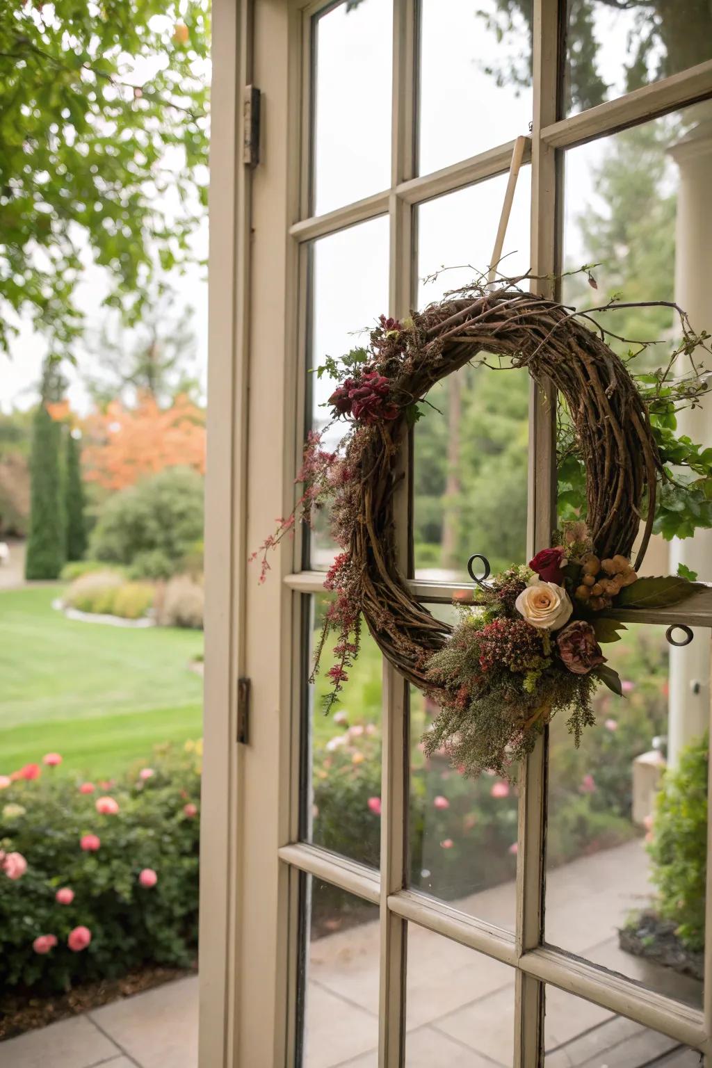 Exterior window showcasing a countryside twistvine garland