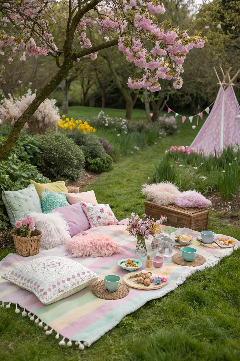 An enchanting picnic setup crafts a fairy-tale atmosphere.