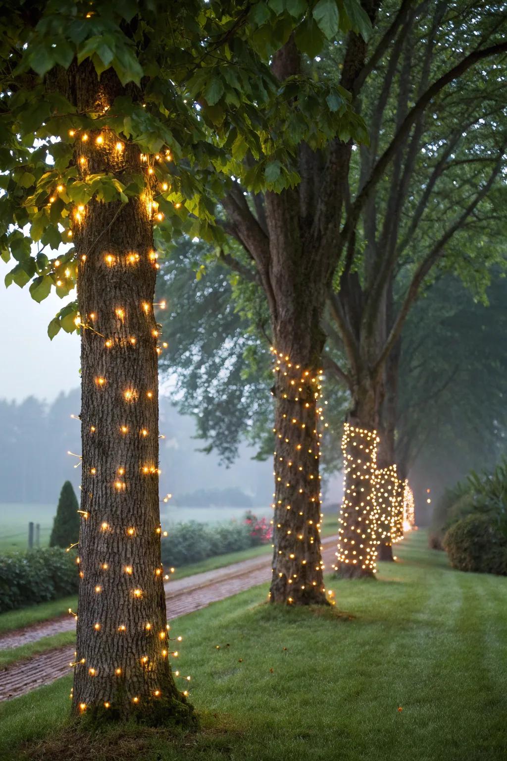 Tree bodies encircled in shimmering lights introduce an enchanting radiance.