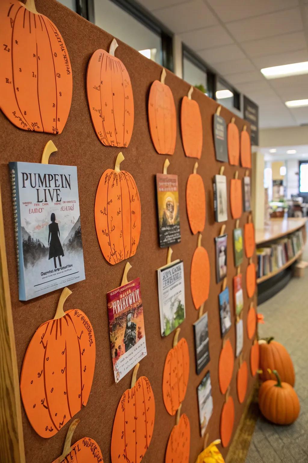 A pumpkin garden-themed board displaying various reading materials.