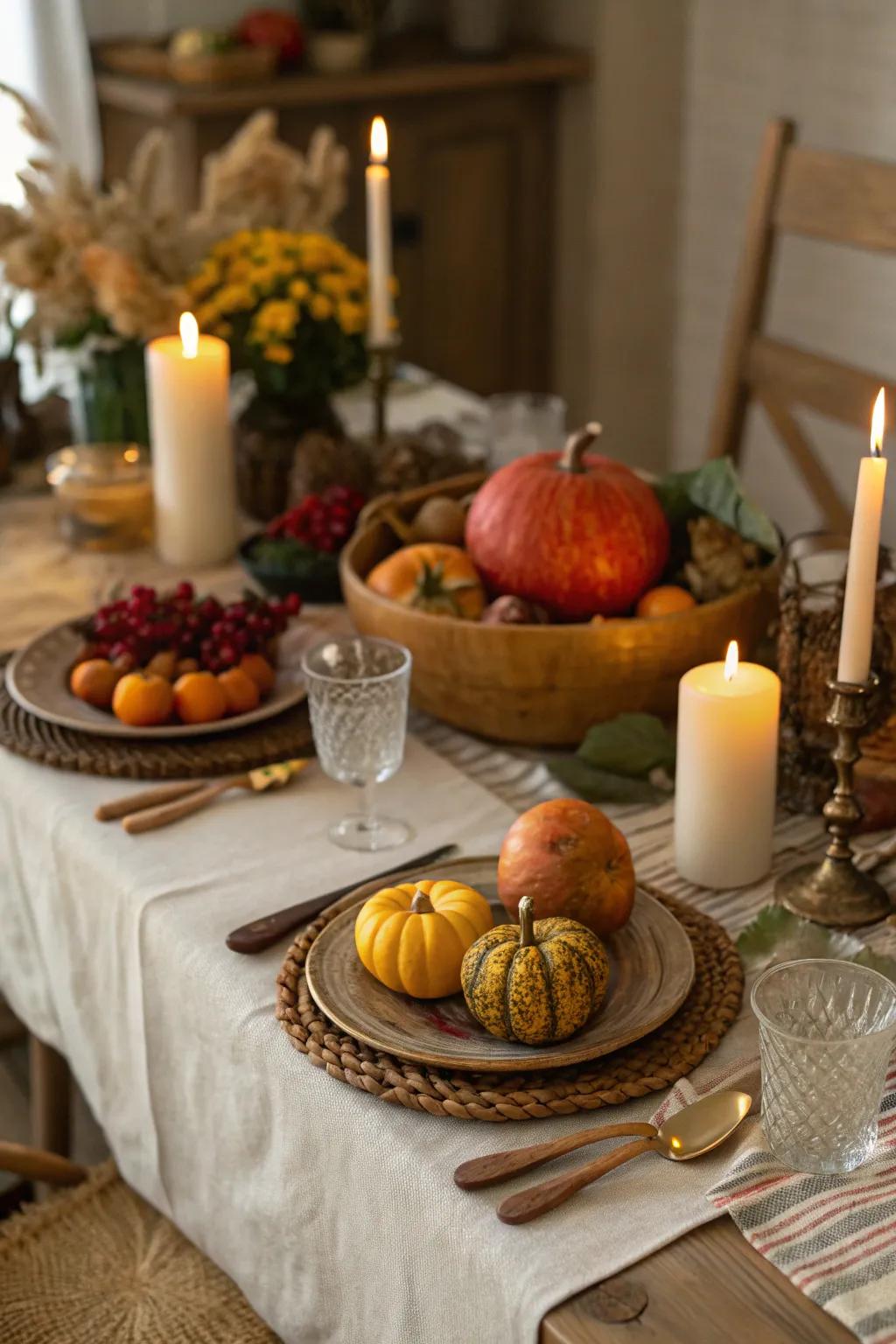 A beautifully arranged table ready for an autumnal harvest meal.