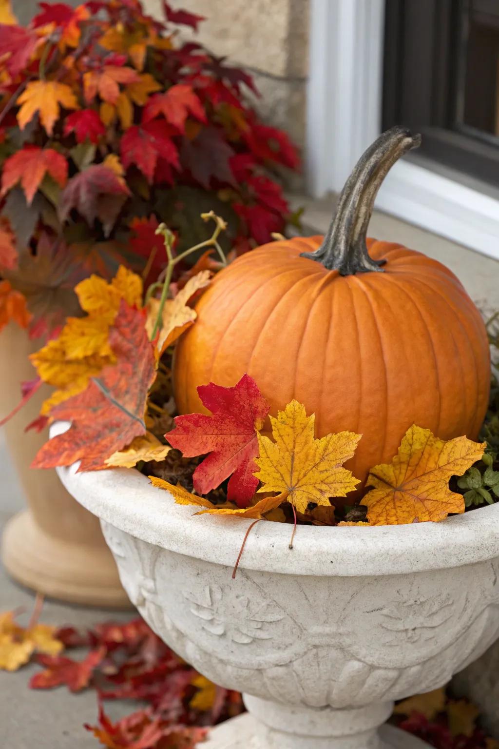 A squash focal point highlighted by autumnal leaves encapsulates the essence of the fall season.