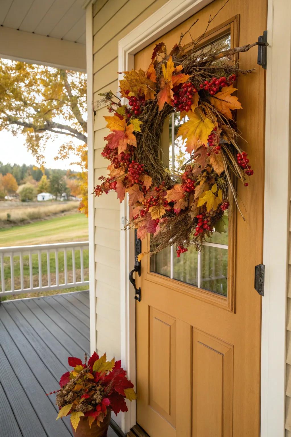 A vibrant wreath filled with autumn leaves and berries brings warmth to your entryway.