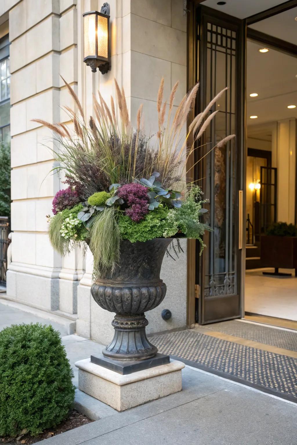 Sophisticated textures with gracious grasses and leafy greens in an autumn urn.