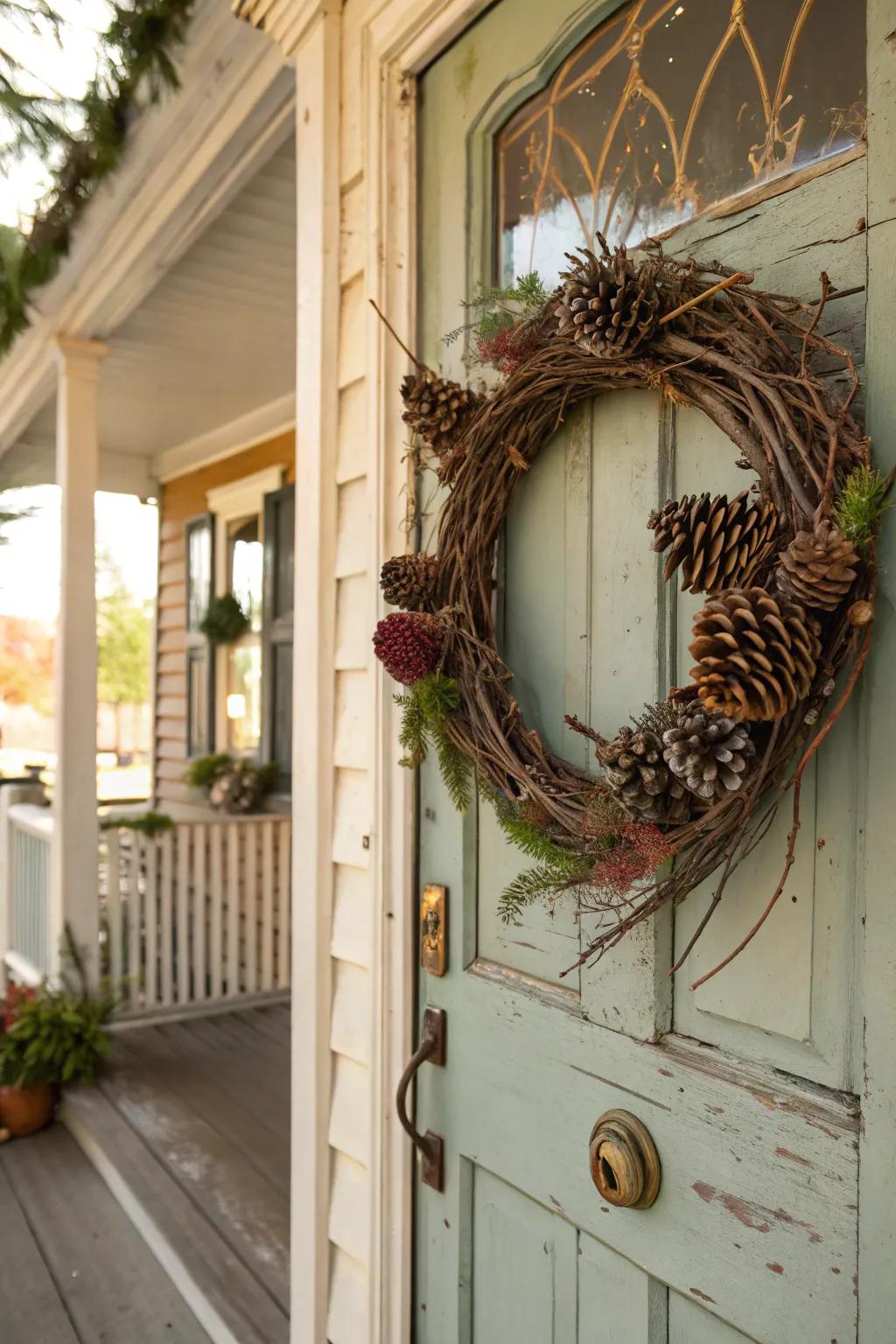 Usher the wilderness indoors through a fir cone and sprig wreath.