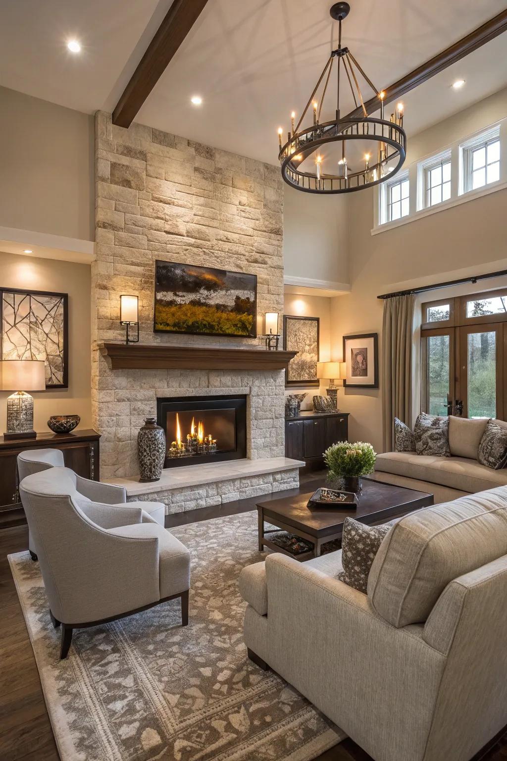 A snug family room featuring a striking fireplace as its core element.