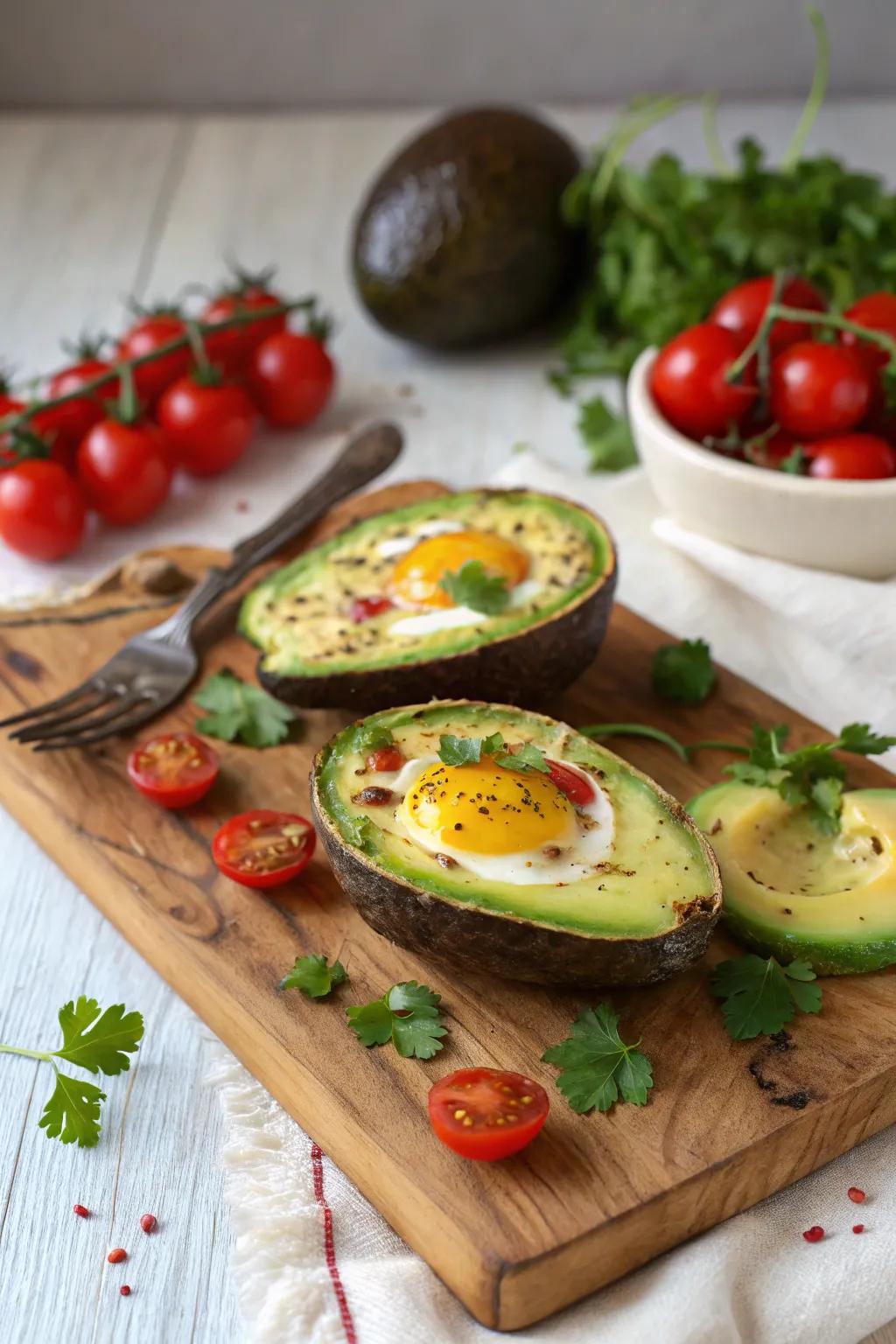 Eggs nestled in avocado shells deliver a nourishing and visually captivating breakfast option.