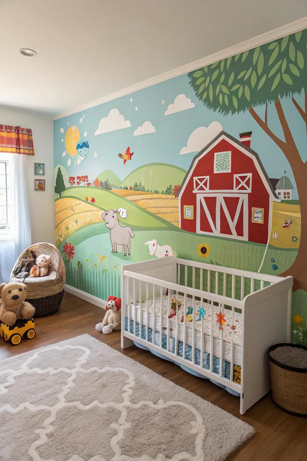 A wall mural can transform a nursery into a picturesque farmyard wonderland.