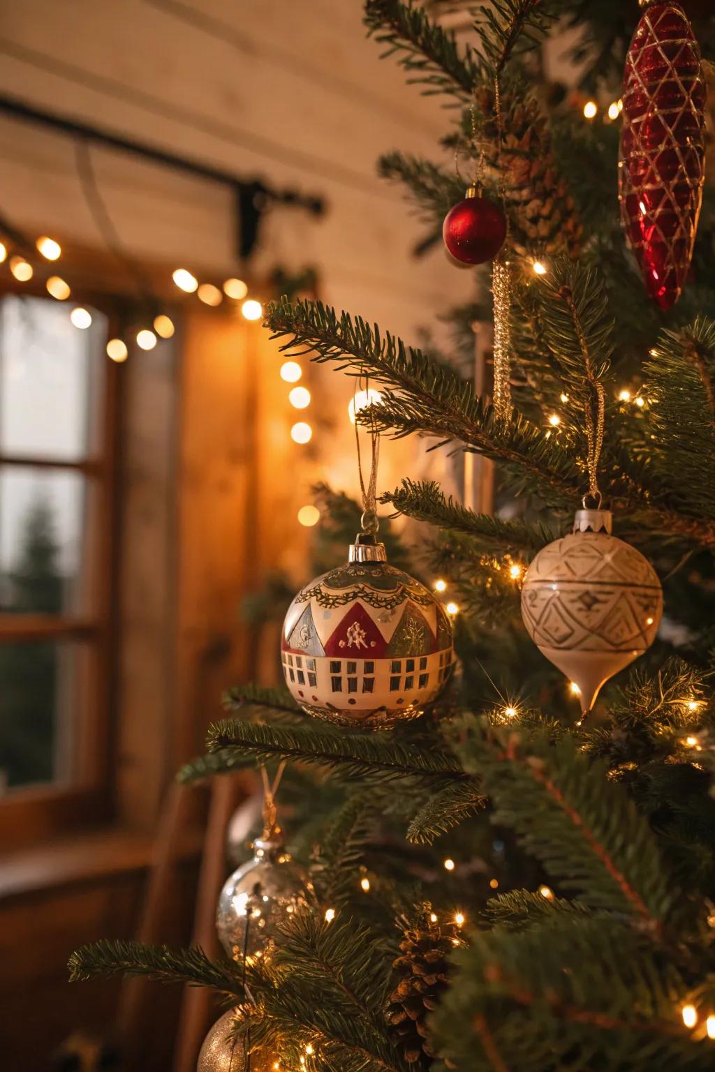 Timeless decorations introduce a nostalgic touch to this farmhouse Christmas tree.