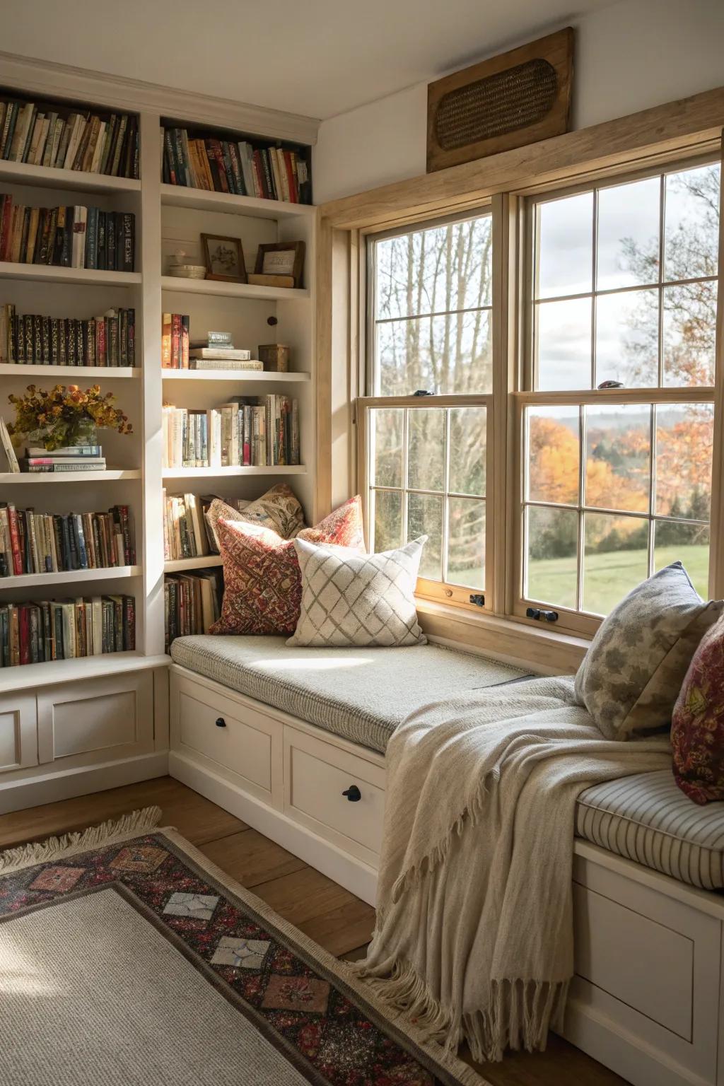 A window nook encourages unwinding and provides a sunlit corner for reading.