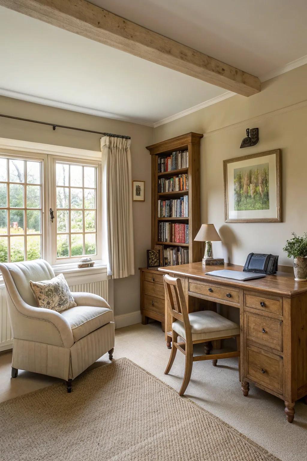Muted shades create a tranquil office setting.