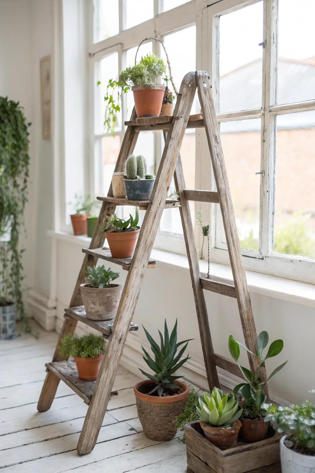 Vertical garden with a wooden ladder plant stand