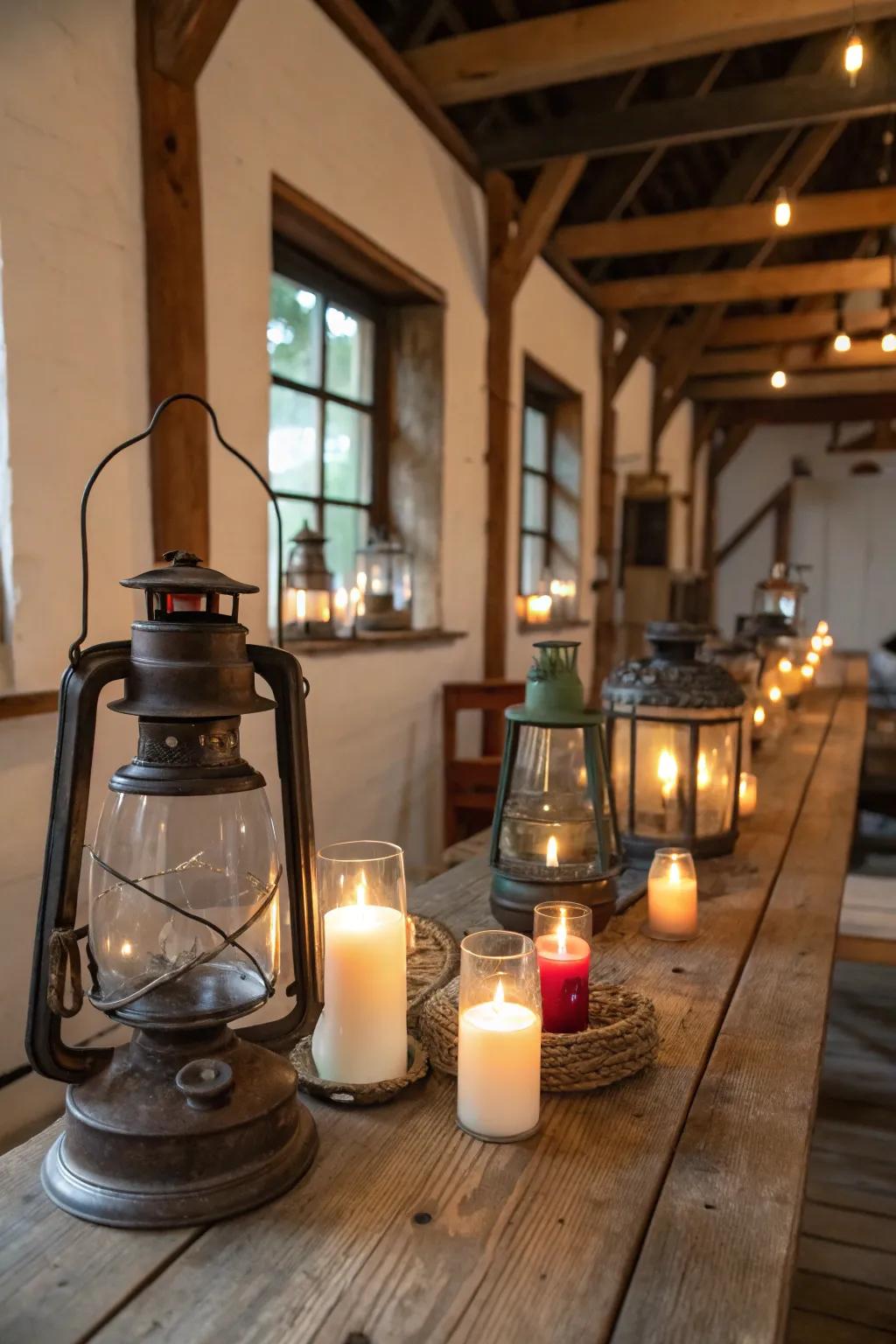 Lanterns with flickering candles deliver a comforting, welcoming glow to any table arrangement.