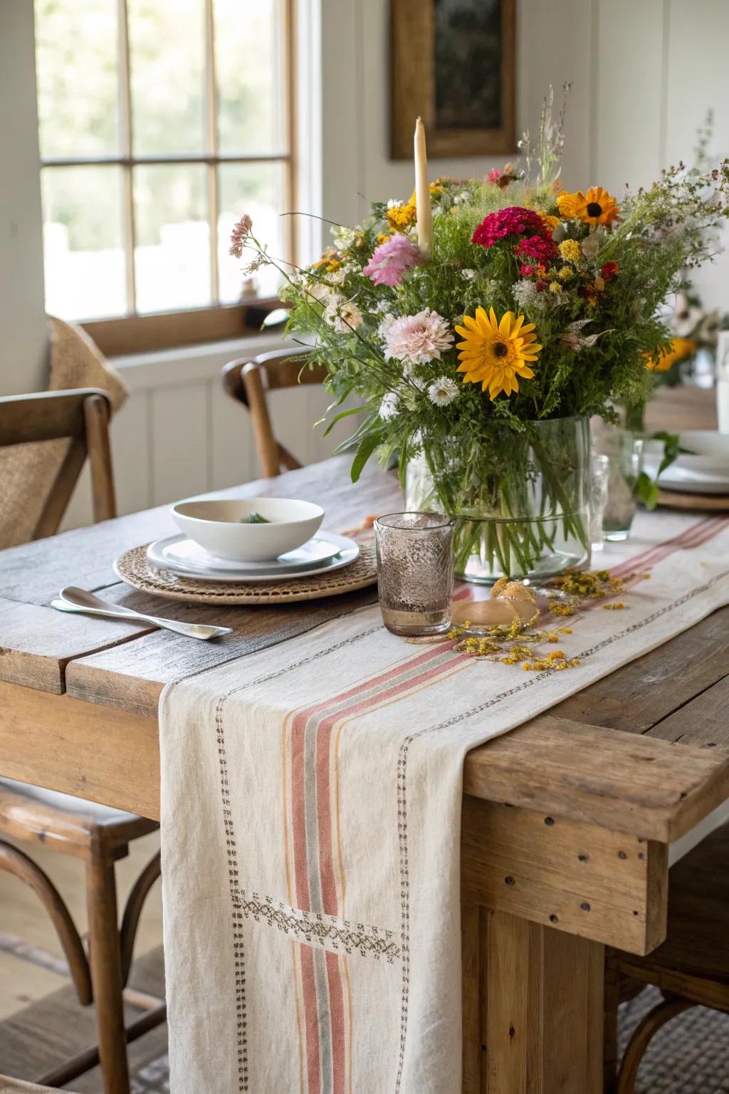 Layered linen and cotton accents add dimension to the table setting.