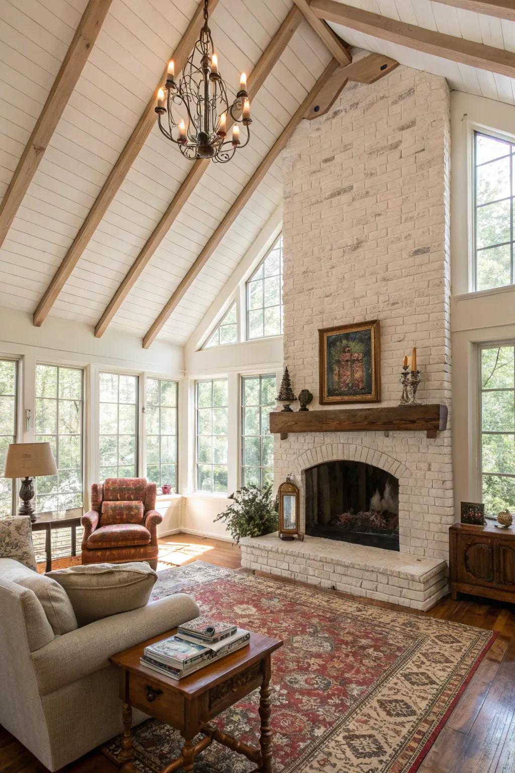 A whitewashed brick fireplace gracing a bright and airy living room.