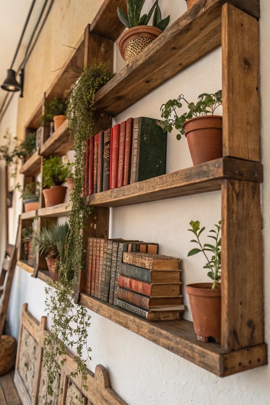 Salvaged wood shelves imparting warmth to a farmhouse wall.