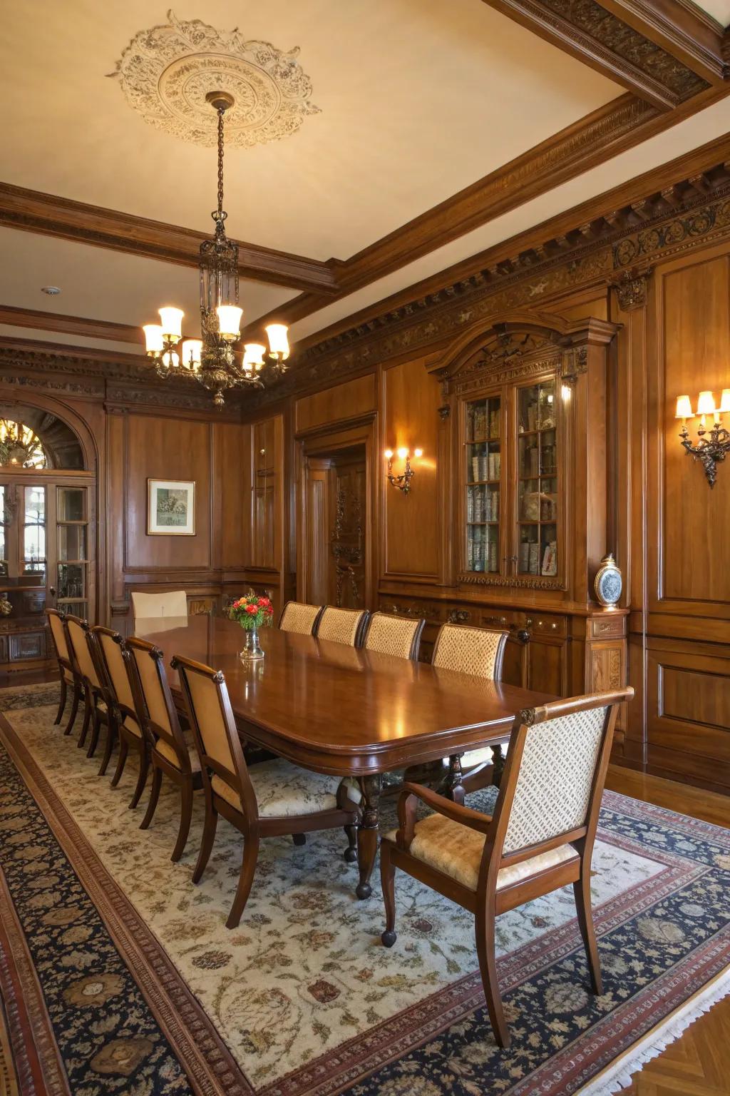 Exquisite wood paneling infuses this dining area with sophistication and enhanced depth.