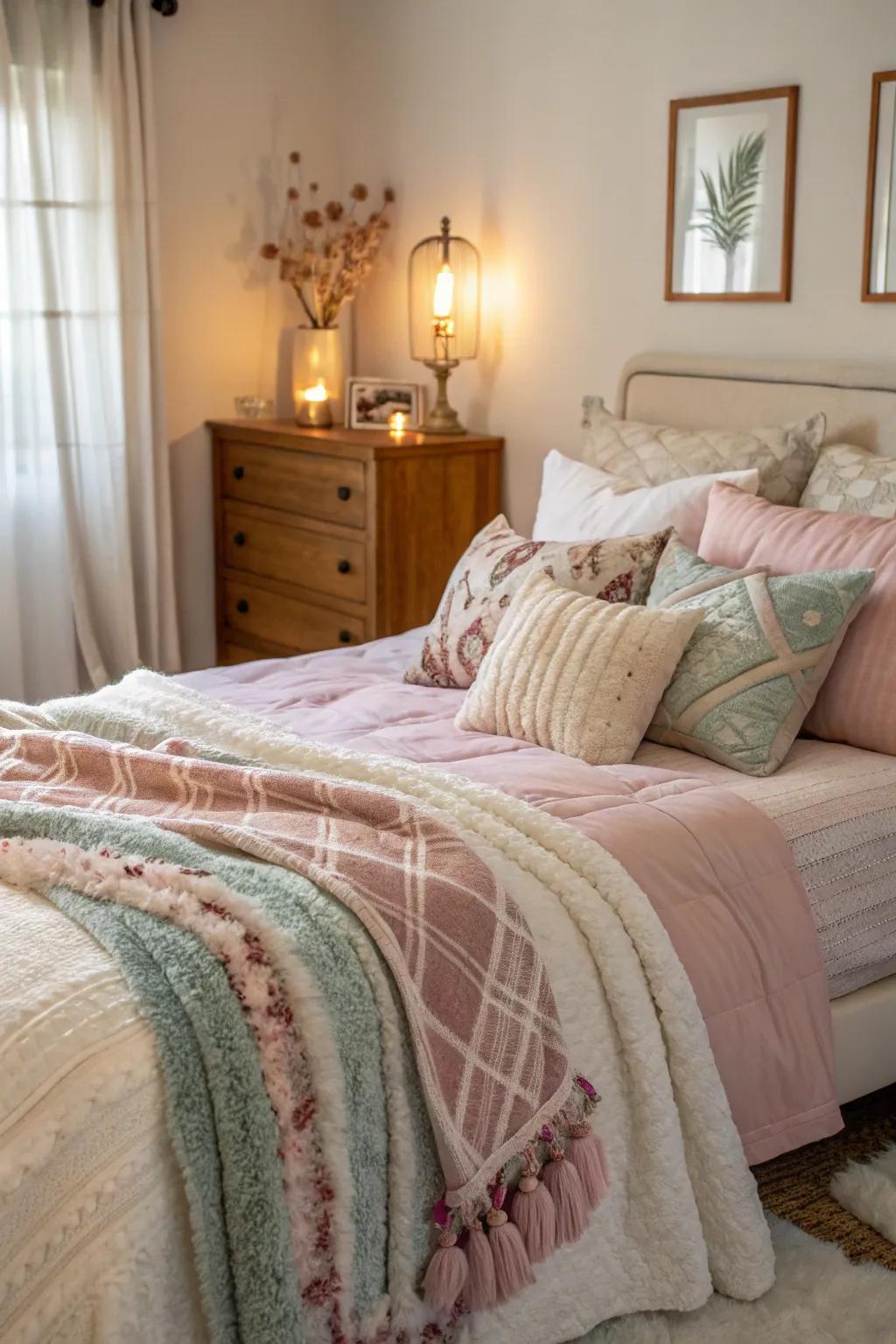 A comfortable bed enhanced with sumptuous textiles for a friendly sensation.