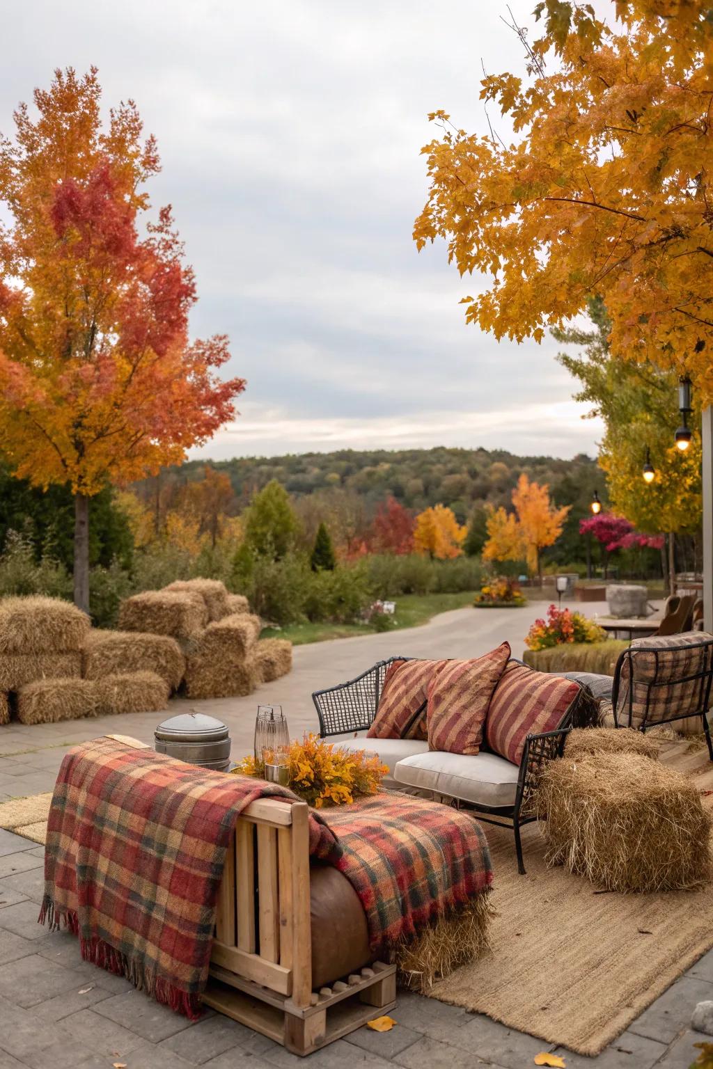 Bundled straw blocks fashion a comfortable sitting spot for open-air autumn festivities.