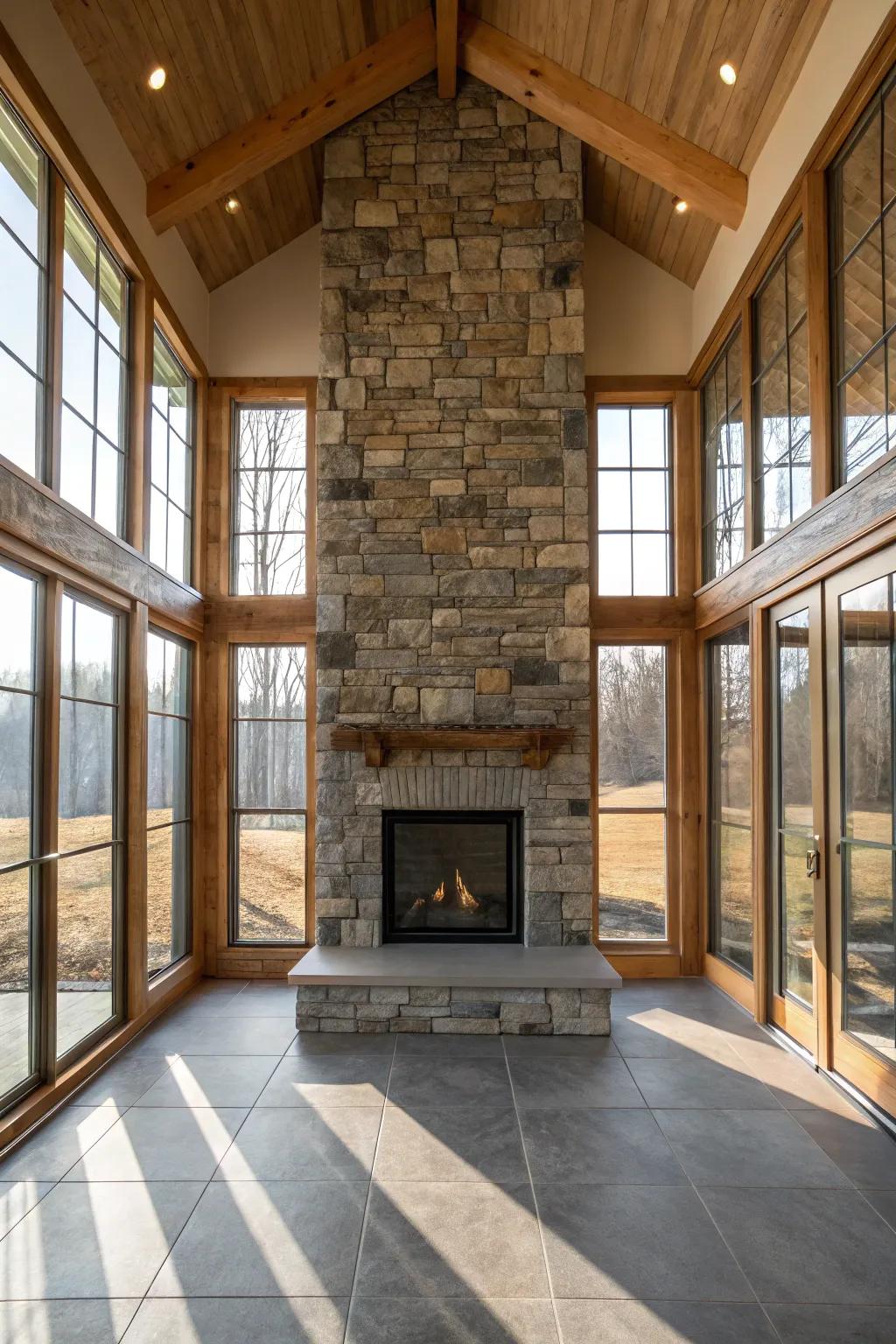 A blend of rustic and modern elements revolves around the stone fireplace.