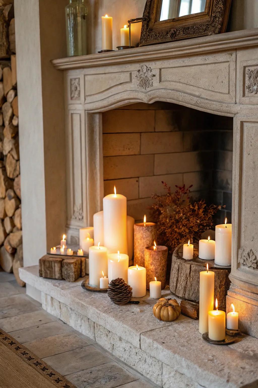 Conjure an elegant atmosphere with a clustered assortment of lights inside your fireplace.