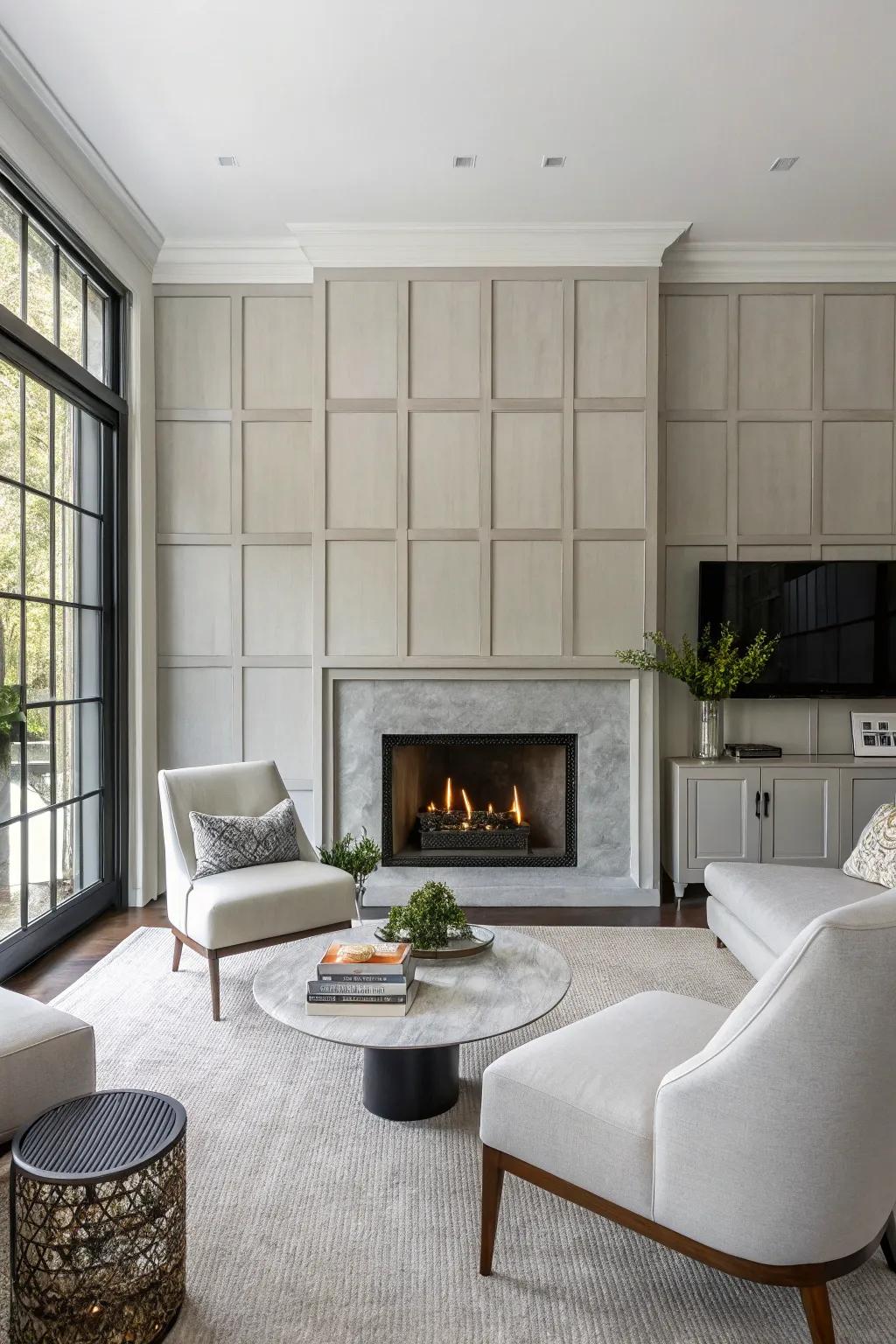 A minimalist living space boasting a polished fireplace frame and serene, understated tones.