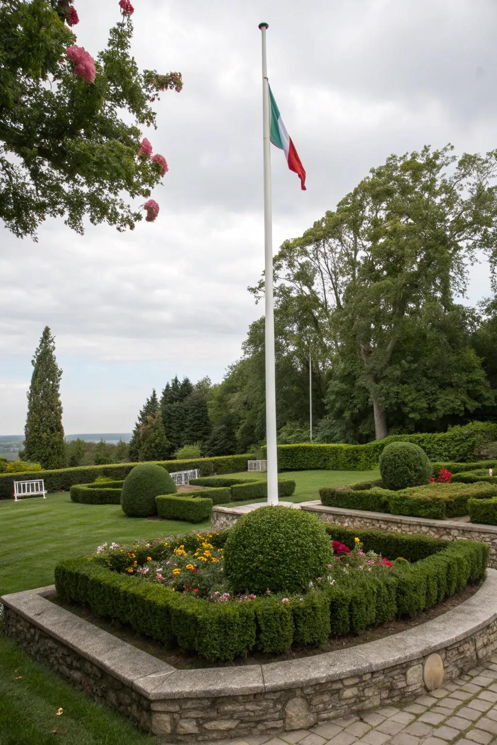 Rock outlines present a tidy and ageless charm around flagpoles.
