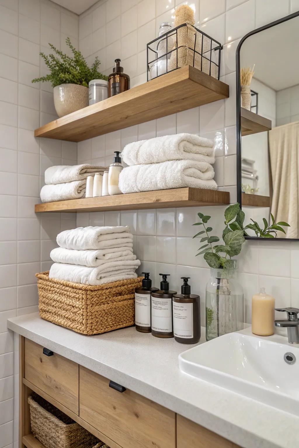 Floating shelves in the bathroom evoke a spa-like atmosphere.